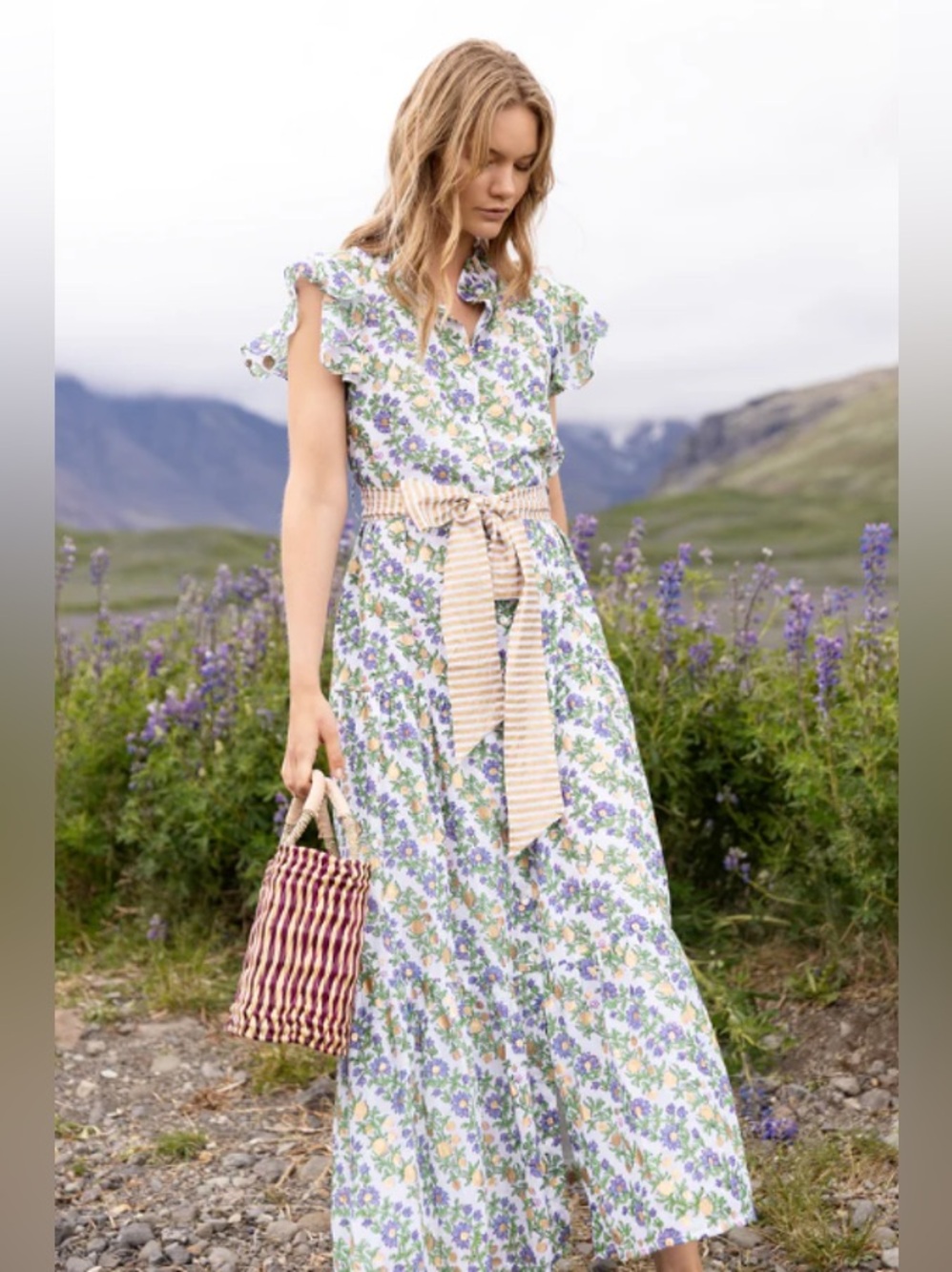 Oliphant Ruffle Collar Button Maxi Dress Lupina Peri Floral Size S $328